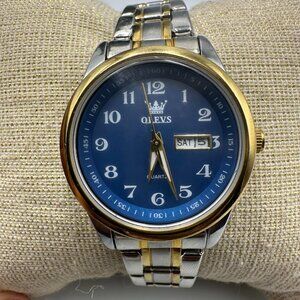 Olevs Watch Women Silver Gold Two Tone Blue Dial Date New Battery 6.75 Inch